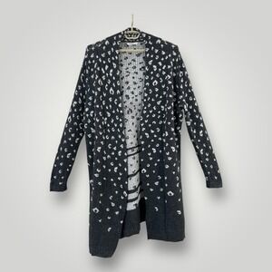 WoolOvers‎ Lambswool Cardigan Sweater Womens XL Gray Leopard Longline Open Front